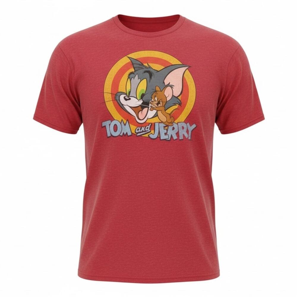 Red Vintage Style Tom and Jerry Cartoon Graphic Short Sleeve Tshirt Mens Large